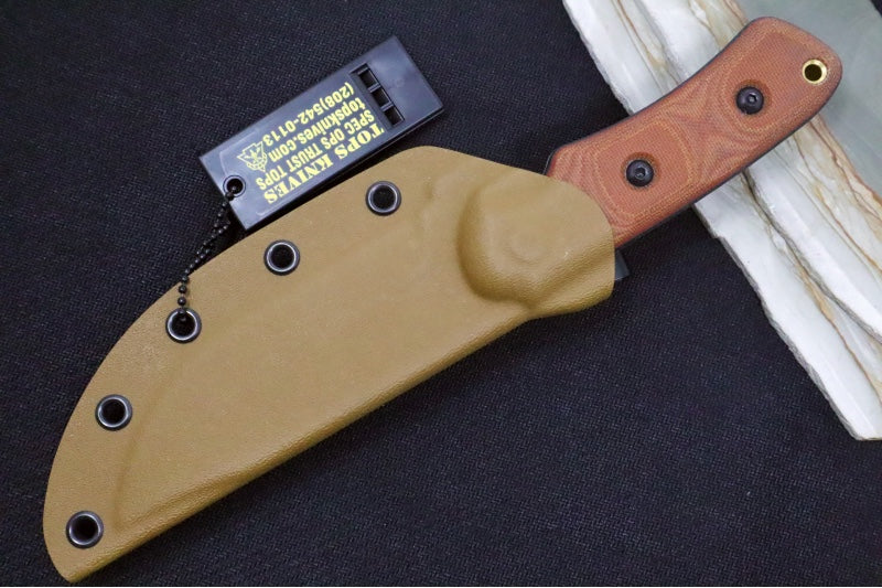 Tops Shadow Hunter Fixed Blade - 1095 Steel / Tan & Black Canvas Micarta Handle / Coyote Tan Kydex Sheath SWHR-01 - Northwest Knives