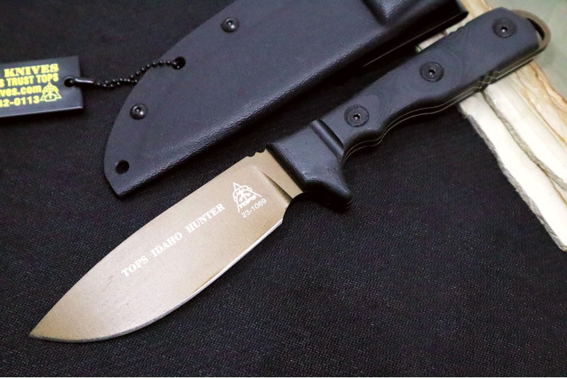 Tops Idaho Hunter Fixed Blade - 1095 Steel / Black Canvas Micarta Handle / Black Kydex Sheath TIH-03