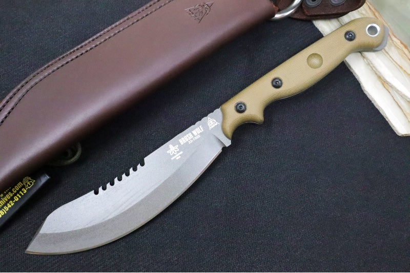 Tops Brush Wolf Fixed Blade - 1095 Steel / Tungsten Grey Cerakote Finish / Green Canvas Micarta Handle / Brown Leather Sheath BWLF-02