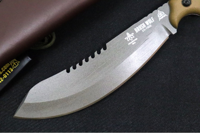 Tops Brush Wolf Fixed Blade - 1095 Steel / Tungsten Grey Cerakote Finish / Green Canvas Micarta Handle / Brown Leather Sheath BWLF-02