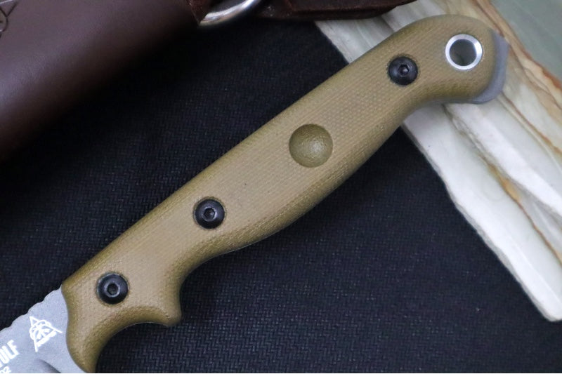 Tops Brush Wolf Fixed Blade - 1095 Steel / Tungsten Grey Cerakote Finish / Green Canvas Micarta Handle / Brown Leather Sheath BWLF-02