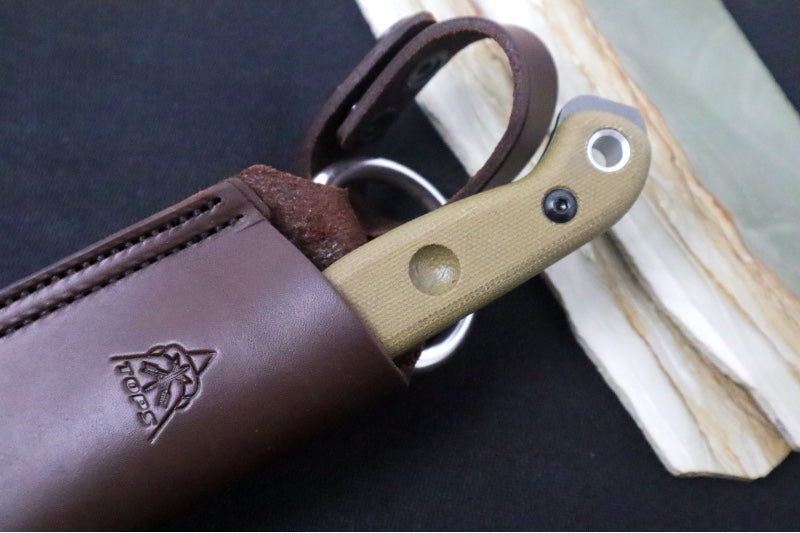 Tops Brush Wolf Fixed Blade - 1095 Steel / Tungsten Grey Cerakote Finish / Green Canvas Micarta Handle / Brown Leather Sheath BWLF-02