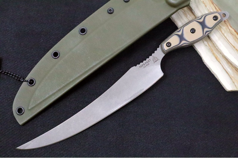 Tops Fillet Knife - 154CM Steel / Tumbled Finish / Tan & Black G-10 Handle / OD Green Kydex Sheath FIL-01