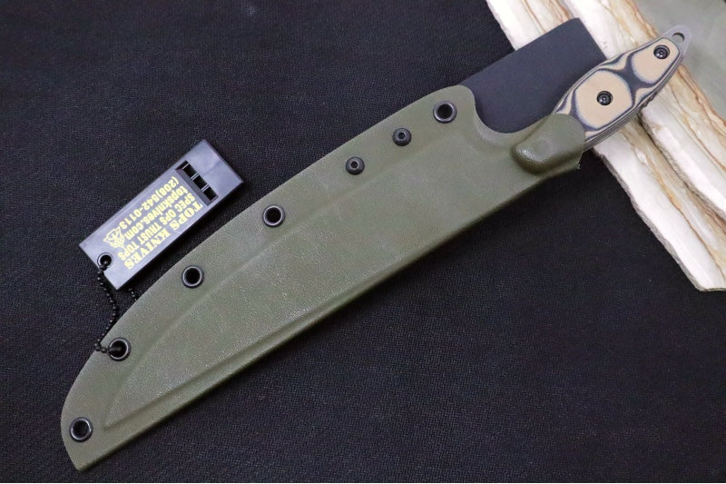 Tops Fillet Knife - 154CM Steel / Tumbled Finish / Tan & Black G-10 Handle / OD Green Kydex Sheath FIL-01