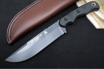 Tops Tex Creek XL Sniper Grey - 1095 Steel / Black Canvas Micarta Handle / Brown Leather Sheath TEXXL-02