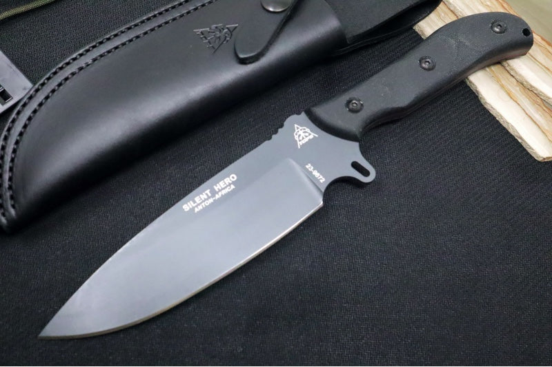 Tops Silent Hero Sniper Grey - 1095 Steel / Smooth Black Linen Micarta Handle / Black Leather Sheath HERO-04