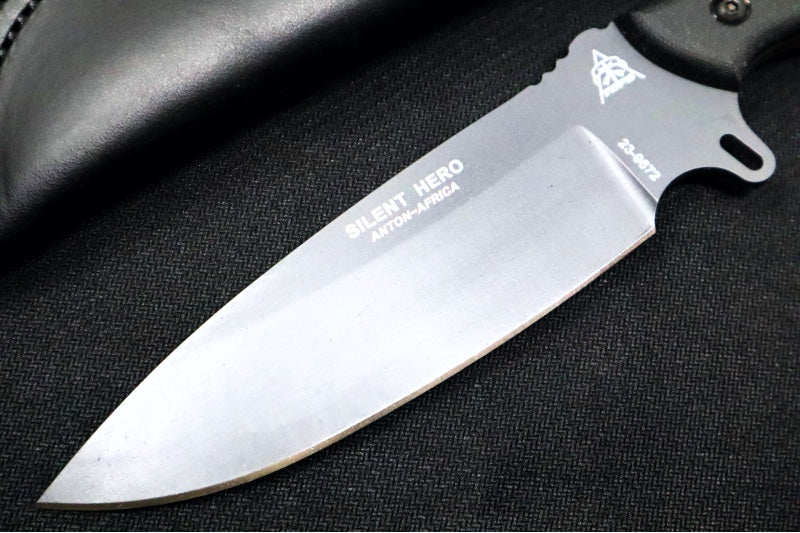 Tops Silent Hero Sniper Grey - 1095 Steel / Smooth Black Linen Micarta Handle / Black Leather Sheath