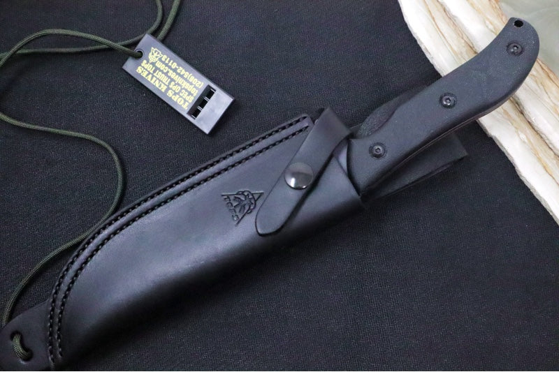 Tops Silent Hero Sniper Grey - 1095 Steel / Smooth Black Linen Micarta Handle / Black Leather Sheath