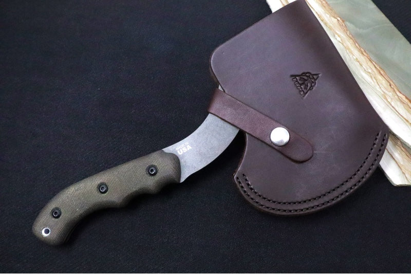 Tops Grandpa's Axe - 1095 Steel / Green Canvas Micarta Handle / Brown Leather Sheath GRAX-02