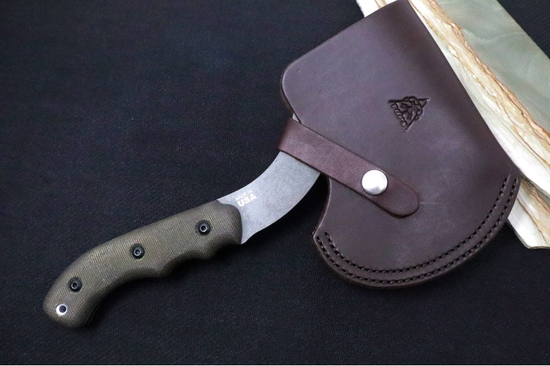 Tops Grandpa's Axe - 1095 Steel / Green Canvas Micarta Handle / Brown Leather Sheath GRAX-02 - Northwest Knives