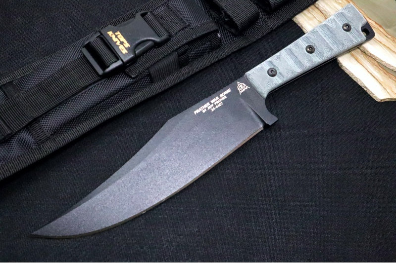 Tops Prather War Bowie Fixed Blade - 1095 Steel / Black Traction Coating Finish / Black Linen Micarta Handle / Black Ballistic Nylon Sheath PWB-01 - Northwest Knives
