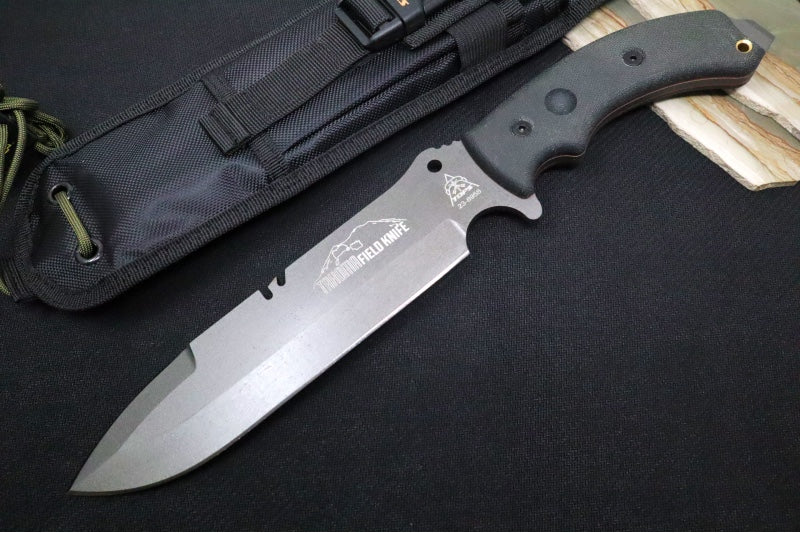 Tops Tahoma Field Fixed Blade - 1095 Steel / Tungsten Cerakote Finish / Black Canvas Micarta Handle / Black Ballistic Nylon Sheath TAHO-04