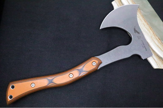 Tops Ucon Hawk Fixed Blade - 1095 Steel / Tumbled Finish / Orange & Black G-10 Handle / Black Leather Sheath UHK-01