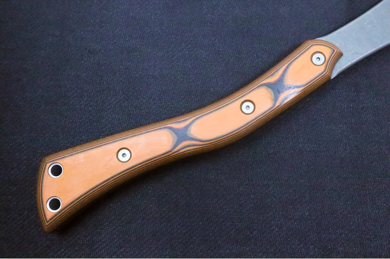 Tops Ucon Hawk Fixed Blade - 1095 Steel / Tumbled Finish / Orange & Black G-10 Handle / Black Leather Sheath UHK-01 - Northwest Knives