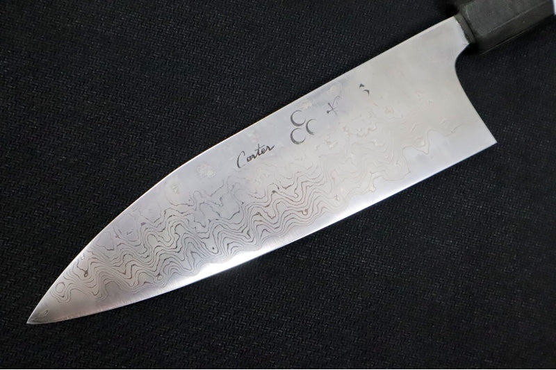 Carter Cutlery - 6.65" Funayuki - Hardwood and Black Canvas Micarta Handle & Hitachi White #1 Steel 30 Layered Damascus 2991