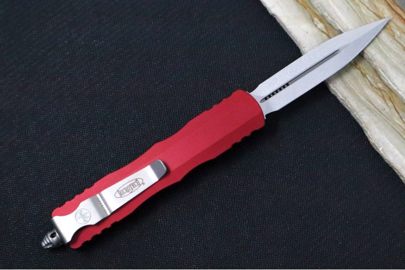 Microtech Dirac OTF - Stonewash Finish / Double Edge / Merlot Anodized Aluminum Handle 225-10MR - Northwest Knives