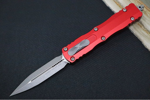 Microtech Dirac Delta Tactical OTF - Apocalyptic Finish / Dagger Blade / Red Anodized Aluminum Handle 227-10APRD - Northwest Knives
