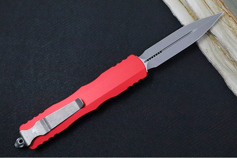 Microtech Dirac Delta Tactical OTF - Apocalyptic Finish / Dagger Blade / Red Anodized Aluminum Handle 227-10APRD - Northwest Knives