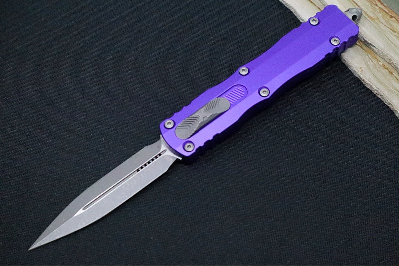 Microtech Dirac Delta Tactical OTF - Apocalyptic Finish / Dagger Blade / Purple Anodized Aluminum Handle 227-10APPU - Northwest Knives