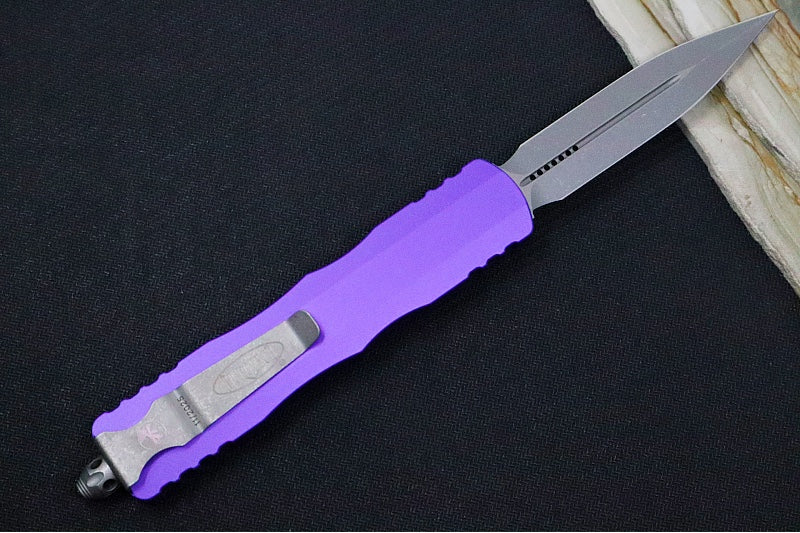 Microtech Dirac Delta Tactical OTF - Apocalyptic Finish / Dagger Blade / Purple Anodized Aluminum Handle 227-10APPU - Northwest Knives