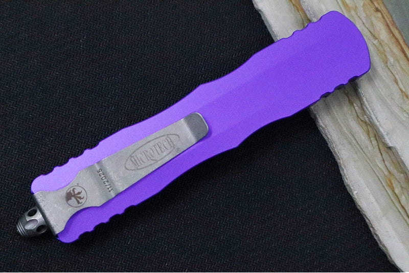 Microtech Dirac Delta Tactical OTF - Apocalyptic Finish / Dagger Blade / Purple Anodized Aluminum Handle 227-10APPU - Northwest Knives