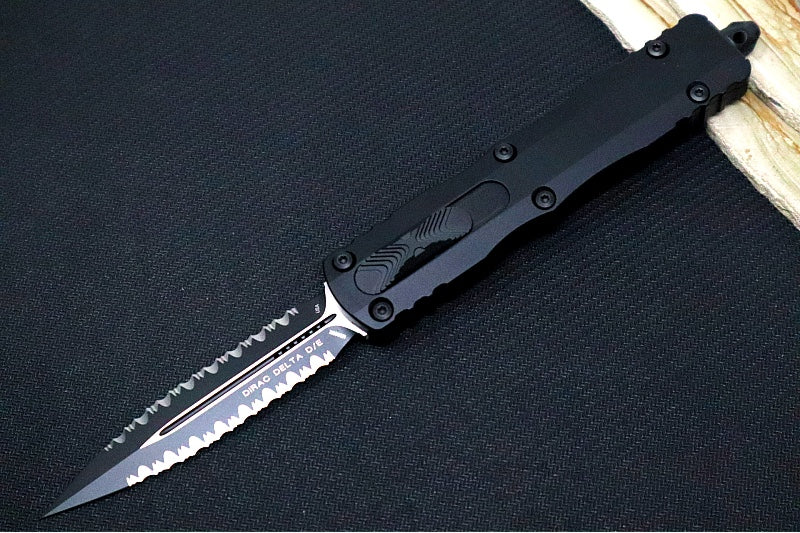 Microtech Dirac Delta Tactical OTF - Black Finish / Double Full Serrated Dagger Blade / Black Anodized Aluminum Handle 227-D3T - Northwest Knives