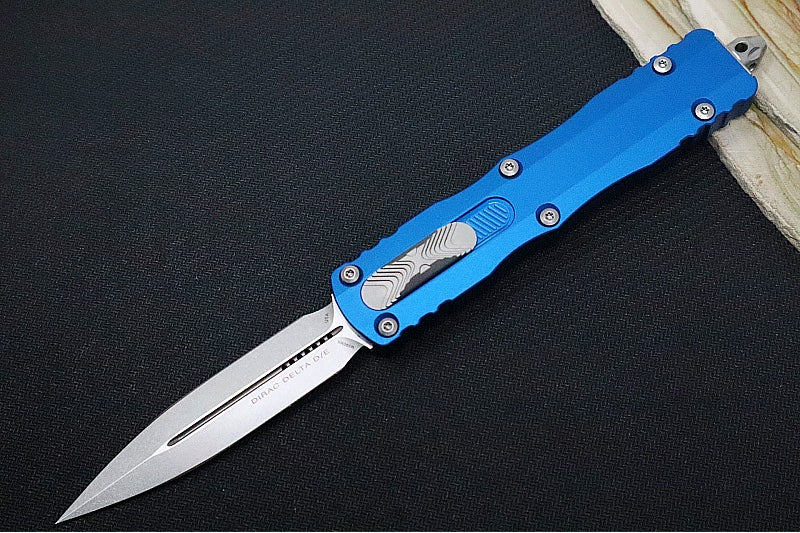 Microtech Dirac Delta OTF - Dagger Blade / Stonewashed Finish / Blue Anodized Aluminum Handle 227-10BL - Northwest Knives