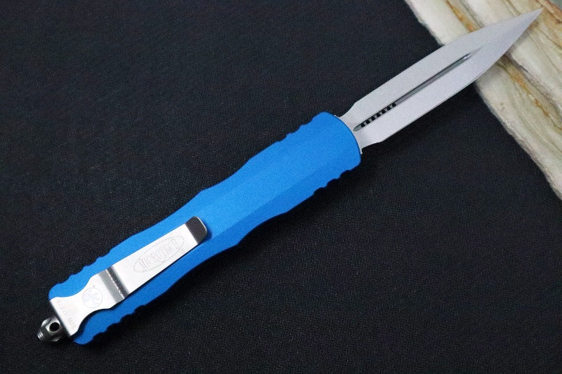 Microtech Dirac Delta OTF - Dagger Blade / Stonewashed Finish / Blue Anodized Aluminum Handle 227-10BL - Northwest Knives