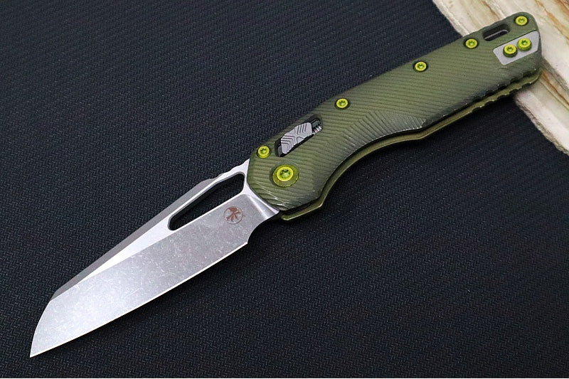 Microtech MSI Manual Folder - Apocalyptic Finished Blade / Fluted Distressed Grenade Green Aluminum Handles w/ Trim-Grip Handle 210-10FLDGG-U25 - Northwest Knives