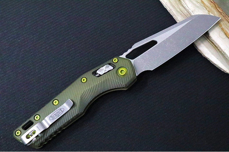 Microtech MSI Manual Folder - Apocalyptic Finished Blade / Fluted Distressed Grenade Green Aluminum Handles w/ Trim-Grip Handle 210-10FLDGG-U25 - Northwest Knives