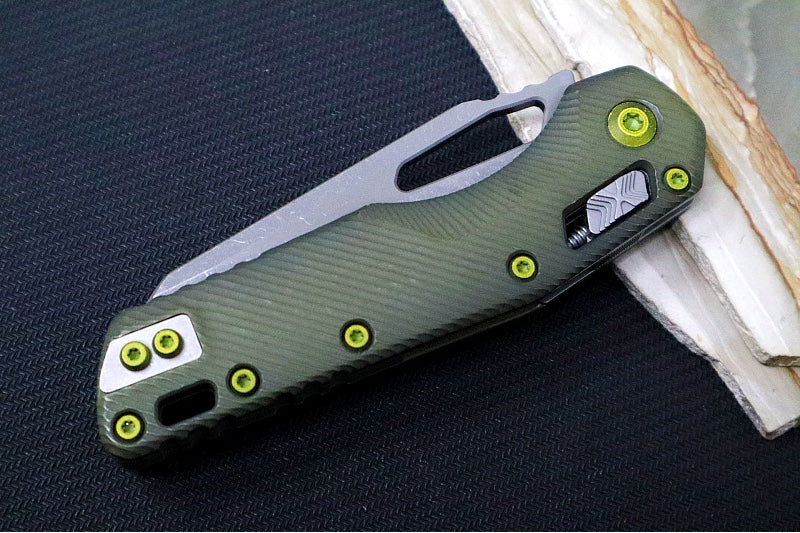 Microtech MSI Manual Folder - Apocalyptic Finished Blade / Fluted Distressed Grenade Green Aluminum Handles w/ Trim-Grip Handle 210-10FLDGG-U25 - Northwest Knives