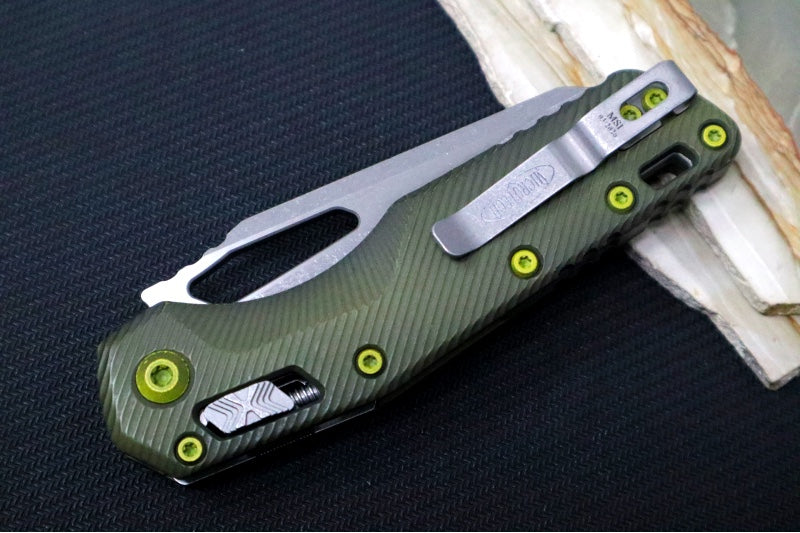 Microtech MSI Manual Folder - Apocalyptic Finished Blade / Fluted Distressed Grenade Green Aluminum Handles w/ Trim-Grip Handle 210-10FLDGG-U25 - Northwest Knives