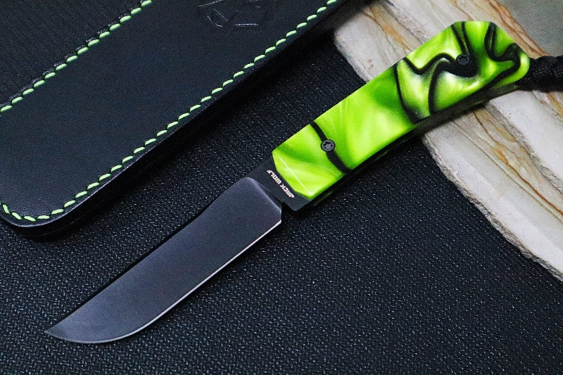 Jack Wolf Knives Pioneer FIXedc Knife - Toxic Green Kirinite Handle / Drop Point Blade / CPM-S90V Steel / Black Finish - Northwest Knives