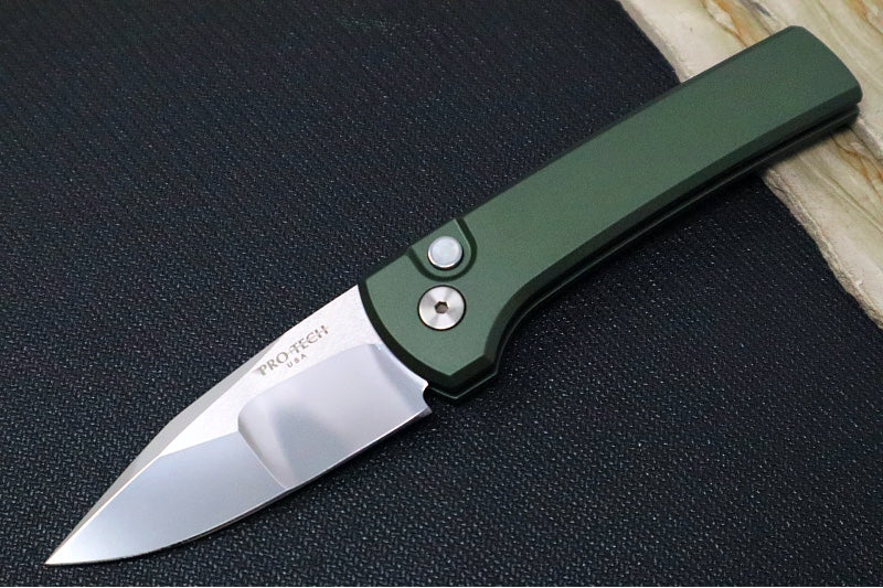Pro Tech Chaves Scapegoat Compact Auto Limited Edition - Green Anodized Aluminum Handle / Mike Irie Compound Mirror Polished Blade / 154CM Steel / Black Lip Pearl Push Button / Satin Hardware & Clip - Northwest Knives