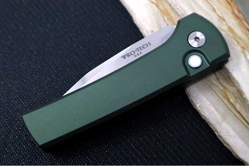 Pro Tech Chaves Scapegoat Compact Auto Limited Edition - Green Anodized Aluminum Handle / Mike Irie Compound Mirror Polished Blade / 154CM Steel / Black Lip Pearl Push Button / Satin Hardware & Clip - Northwest Knives