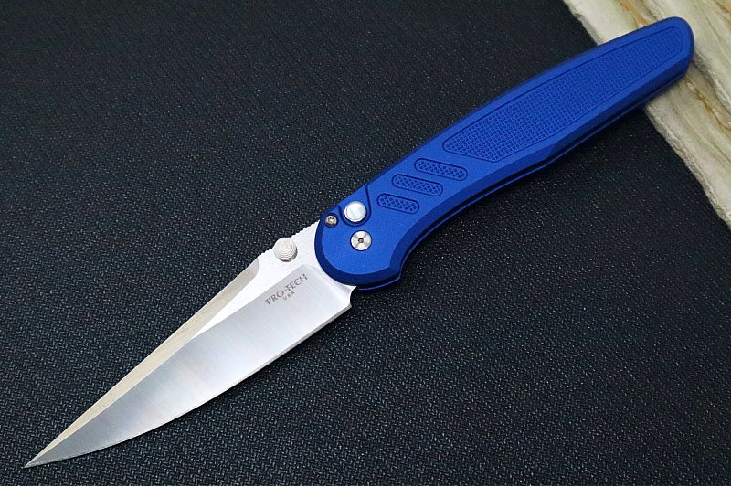 Pro Tech Avalon Peace Neighbor Design Manual - Drop Point Blade / Satin Finish / CPM-Magnacut Steel / Blue Knurled Anodized Handle / White Pearl Button PN1100-LTDBlue - Northwest Knives