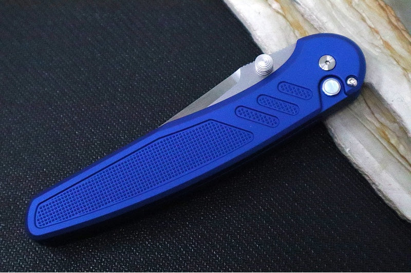 Pro Tech Avalon Peace Neighbor Design Manual - Drop Point Blade / Satin Finish / CPM-Magnacut Steel / Blue Knurled Anodized Handle / White Pearl Button PN1100-LTDBlue - Northwest Knives