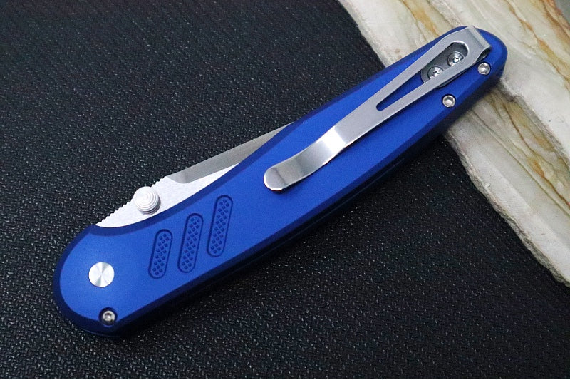 Pro Tech Avalon Peace Neighbor Design Manual - Drop Point Blade / Satin Finish / CPM-Magnacut Steel / Blue Knurled Anodized Handle / White Pearl Button PN1100-LTDBlue - Northwest Knives
