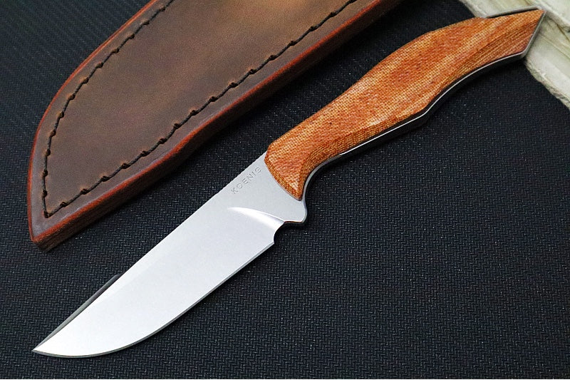 Koenig HELO FIxed Blade - Stonewashed Finished Blade - Tan Micarta Handle Scales - Brown Leather Sheath HELO.121 - Northwest Knives