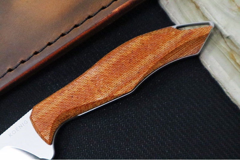 Koenig HELO FIxed Blade - Stonewashed Finished Blade - Tan Micarta Handle Scales - Brown Leather Sheath HELO.121 - Northwest Knives