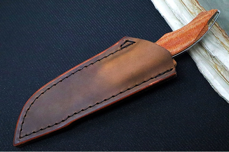 Koenig HELO FIxed Blade - Stonewashed Finished Blade - Tan Micarta Handle Scales - Brown Leather Sheath HELO.121 - Northwest Knives