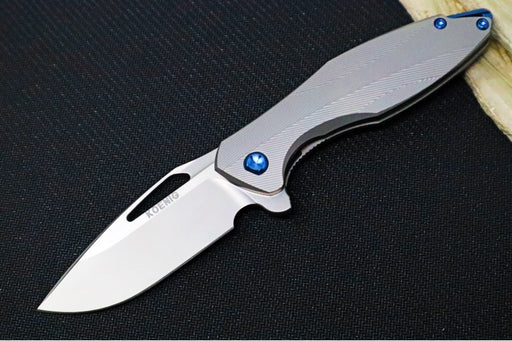 Koenig Mini Arius - Standard with Patterned Handle - Burnished Blade with Polished Flats - Blue Spacer & Blue Hardware (Gen 1) - Northwest Knives