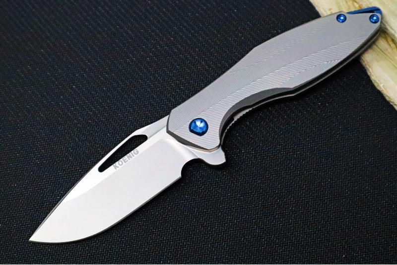 Koenig Mini Arius - Standard with Patterned Handle - Burnished Blade with Polished Flats - Blue Spacer & Blue Hardware (Gen 1) - Northwest Knives