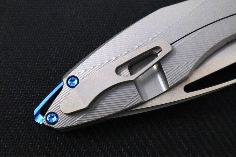 Koenig Mini Arius - Standard with Patterned Handle - Burnished Blade with Polished Flats - Blue Spacer & Blue Hardware (Gen 1) - Northwest Knives