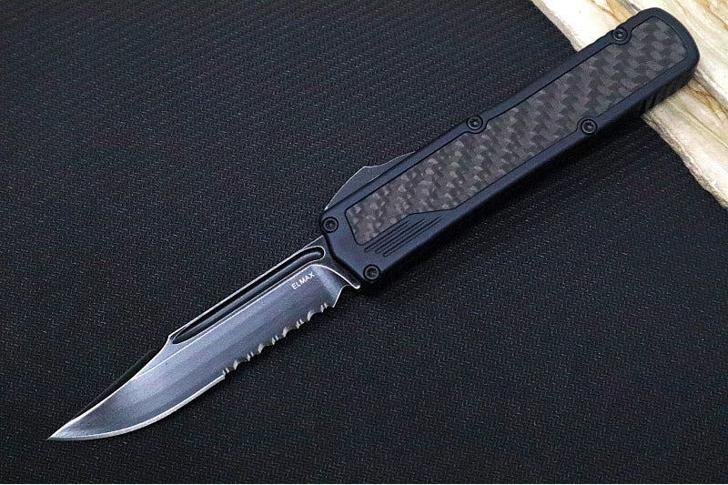 Guardian Tactical Scout OTF - Black Anodized Aluminum & Black Carbon Fiber Handle / Partial Serrated Dark Stonewashed Clip Point Blade 142612 - Northwest Knives