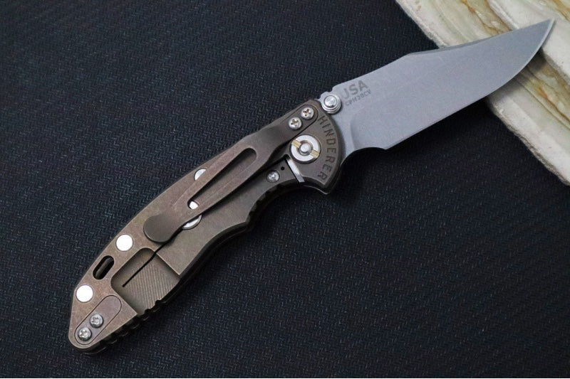 Rick Hinderer Knives XM-18 3.0" Nonflipper - Bowie Blade / Stonewashed Finish / CPM-20CV / Red G-10 & Battle Bronze Titanium Handle (Copy) - Northwest Knives