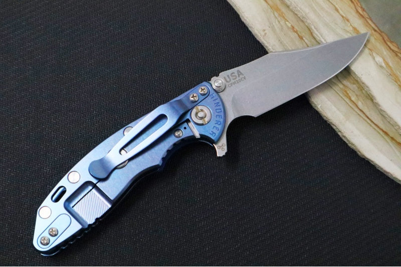 Rick Hinderer Knives XM-18 3.0" - Bowie Blade / Stonewashed Finish / CPM-20CV / Black & Blue G-10 & Blue Stonewashed Titanium Handle - Northwest Knives