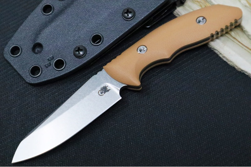 Rick Hinderer Knives Flashpoint Fixed Blade - Stonewashed Finish / CPM-Magnacut Steel / Coyote Tan G-10 Handle / Black Kydex Sheath - Northwest Knives