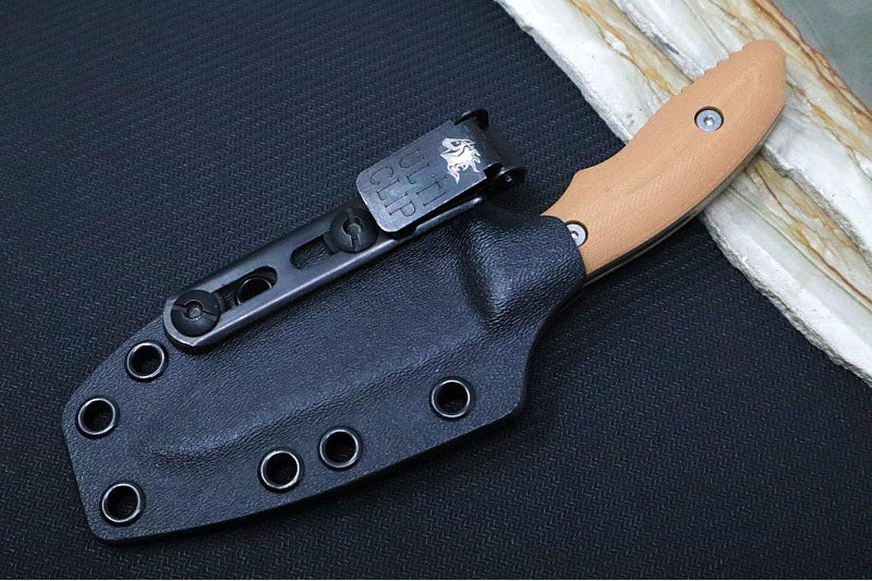 Rick Hinderer Knives Flashpoint Fixed Blade - Stonewashed Finish / CPM-Magnacut Steel / Coyote Tan G-10 Handle / Black Kydex Sheath - Northwest Knives