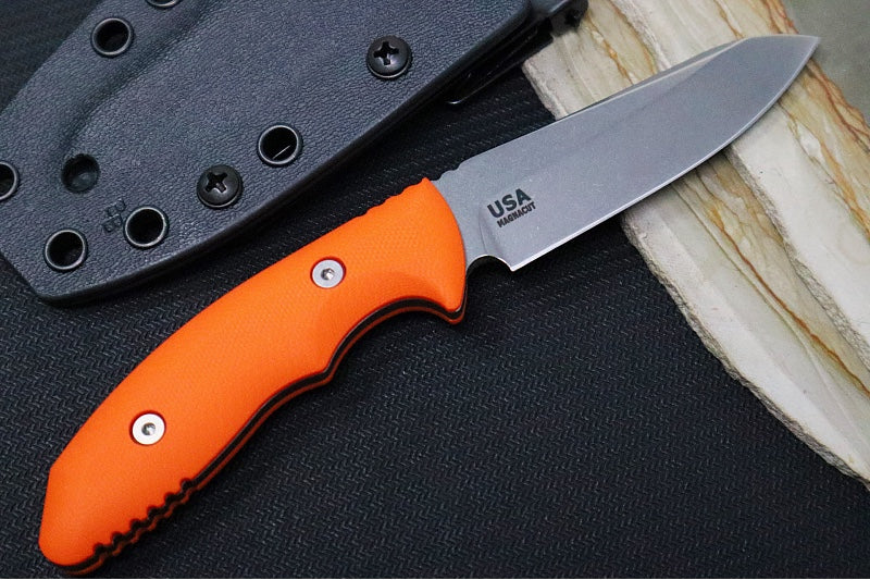 Rick Hinderer Knives Flashpoint Fixed Blade - Stonewashed Finish / CPM-Magnacut Steel / Orange G-10 Handle / Black Kydex Sheath - Northwest Knives